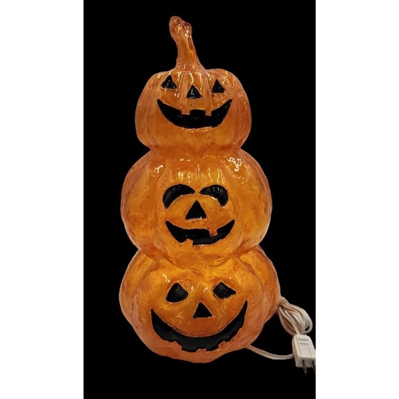 Vintage Halloween Pumpkin Stack Blow Mold Resin Plastics 15” Tall Lighted